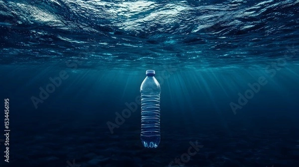 Fototapeta Dramatic Representation of a Plastic Bottle in the Deep Blue, Emphasizing the Enduring Effects of Marine Pollution
