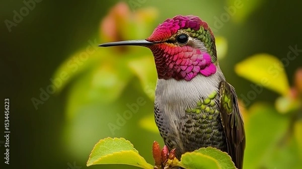 Fototapeta Surreal and intimate close-up capture of a male Anna's hummingbird blending with lush verdant surroundings