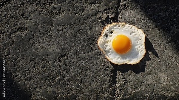 Fototapeta Artistic top-down depiction of a sizzling egg on a searing concrete path that fuses street food imagery with the overwhelming heat and intensity of an urban summer day