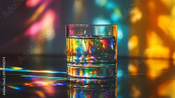 Fototapeta Elegant Glass Filled with Water on a Polished Surface Refracting Natural Light into a Mesmerizing Spectrum of Rainbow Colors with a Delicate Dance of Vivid Radiance