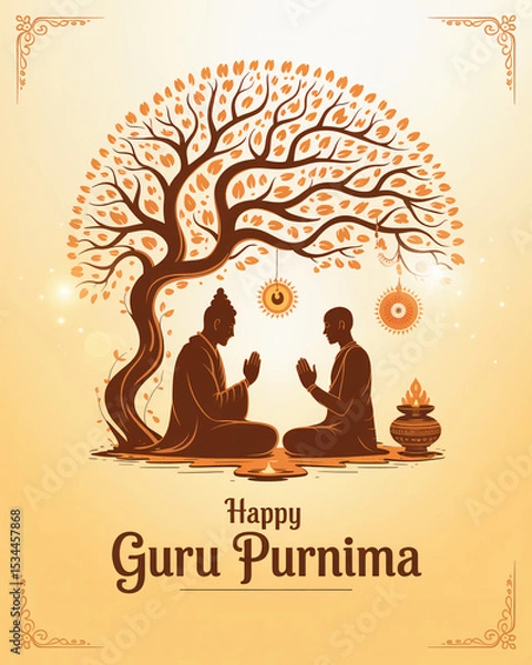 Fototapeta Happy Guru Purnima abstract vector artwork featuring silhouettes of a guru and shishya in a sacred posture under a Bodhi tree, glowing auras, and traditional Indian decorative borders.