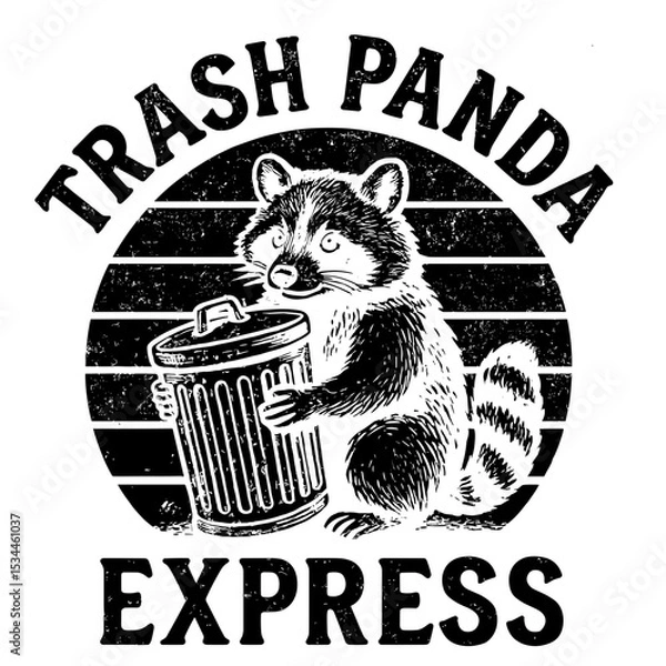 Fototapeta retro vintage sunset trash panda raccoon design with a funny quote "Trash Panda Express" vector illustration