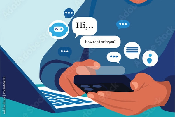 Fototapeta AI Chatbot Conversation on Smartphone and Laptop – Modern Customer Support Vector