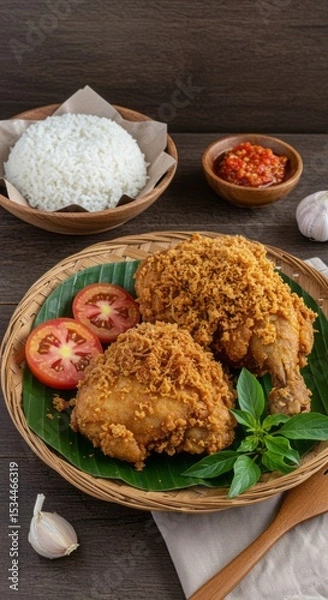 Fototapeta Crispy Ayam Kremes with Rice and Sambal Presentation