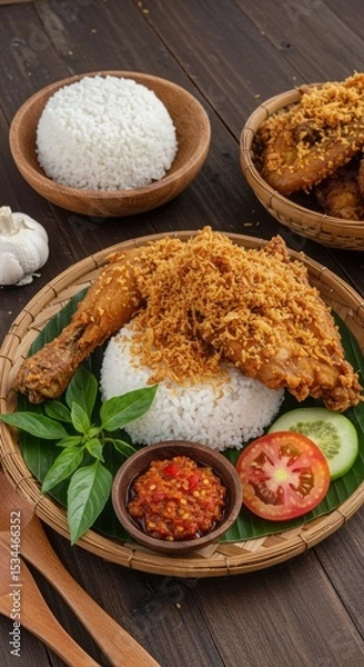 Fototapeta Crispy Ayam Kremes with Rice and Sambal Presentation