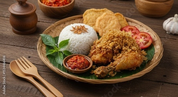 Fototapeta Crispy Ayam Kremes with Rice and Sambal Presentation