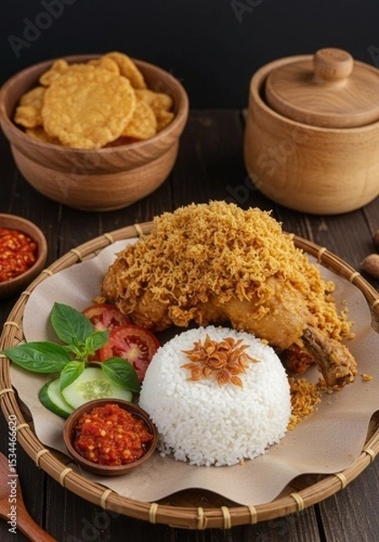 Fototapeta Crispy Ayam Kremes with Rice and Sambal Presentation