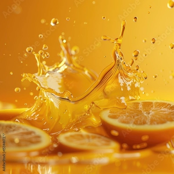 Fototapeta Refreshing Orange Juice Splash with Slices  A vibrant depiction of a juicy orange juice splash featuring fresh orange slices ideal for food and drink advertising.