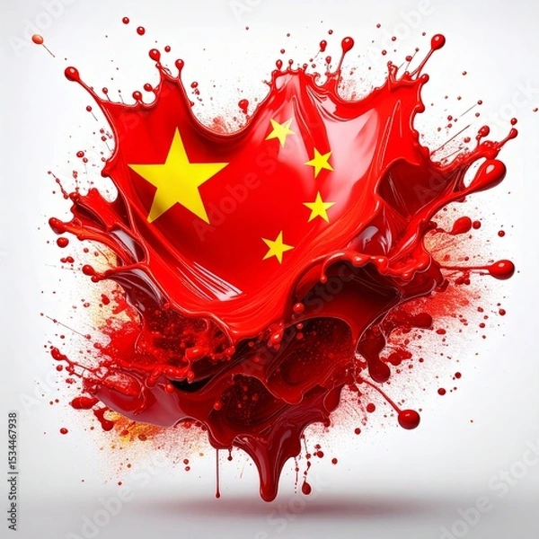 Fototapeta Chinese flag depicted with a splash of red paint. The dynamic effect gives it a vivid and powerful appearance, travel concept.