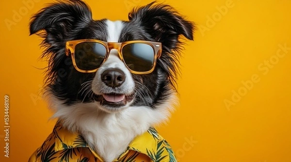 Obraz Dog in sunglasses on yellow background with copy space