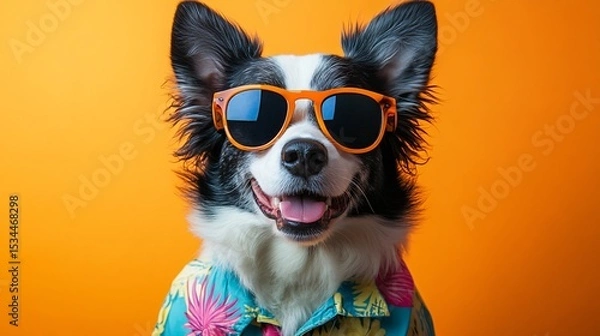 Obraz Summer vacation concept with dog on studio background