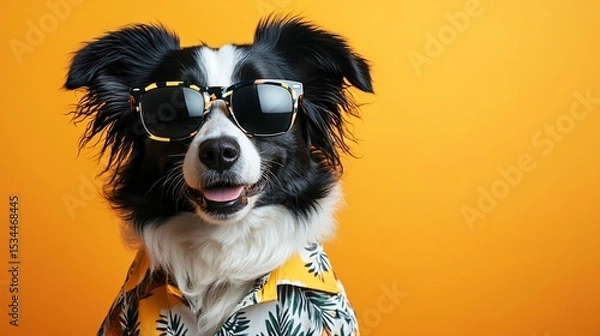 Obraz Dog in sunglasses on yellow background with copy space