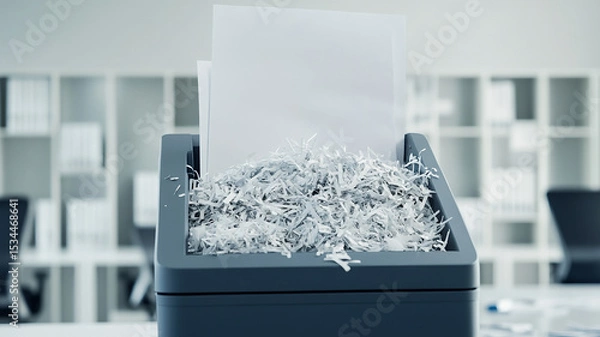 Fototapeta Paper shredder machine with overflowing shredded data documents. Shredder paper documents destruction . Granulator shredded machine, Paper recycling shred documents on the office desk