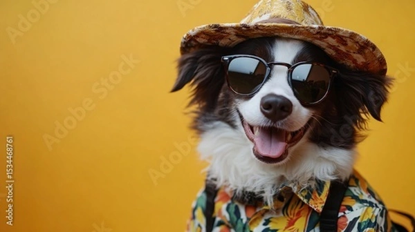 Obraz Dog in sunglasses on yellow background with copy space
