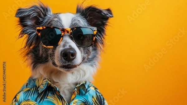 Obraz Dog in sunglasses on yellow background with copy space