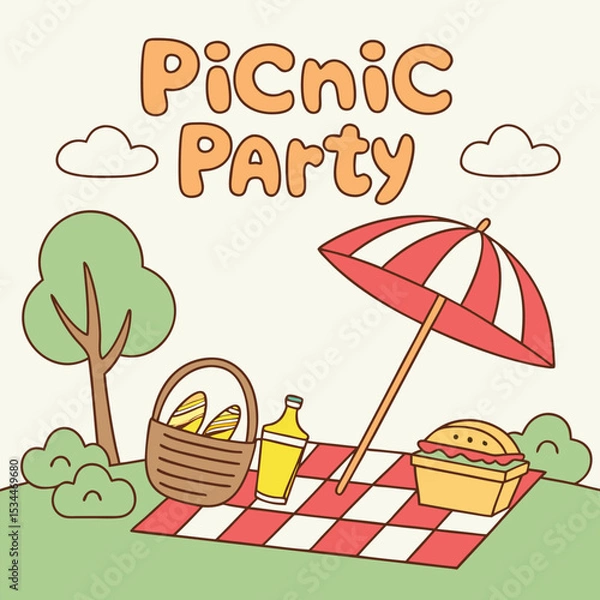 Fototapeta Cartoon Picnic Party Red Checked Blanket Basket Food Umbrella