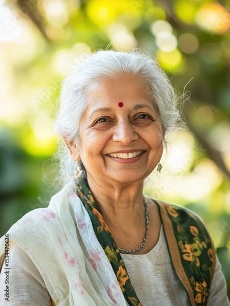 Obraz Portrait of happy smiling elderly Indian woman on blurred green background of park cafe in sun rays