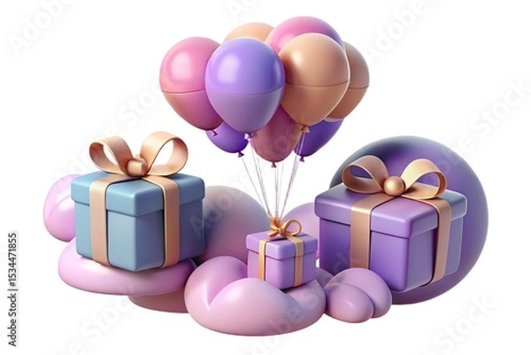 Fototapeta Isolated Purple and Blue Gift Boxes with Peach Ribbon and Balloons Render on White