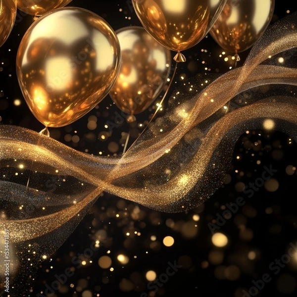 Obraz Golden Balloons Float Gracefully Against a Dark Backdrop, Illuminated by Shimmering Lights and Sparkling Effects at a Festive Celebration