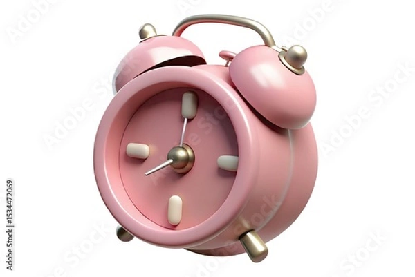 Fototapeta Pink Alarm Clock Illustration, Vintage Style Clock with Silver Handle on White