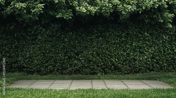 Obraz Green Hedge Borders a Neat Stone Pathway in a Tranquil Garden Setting During Daytime