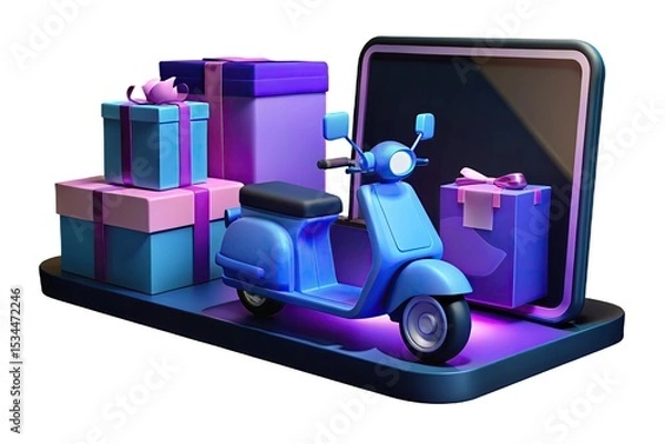 Fototapeta Smartphone with Blue Scooter and Stacked Gift Boxes on Isolated White Background