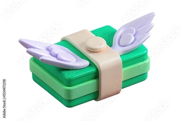 Fototapeta Stacked Green Blocks with Cream Band and Lavender Wings Isolated on White Background