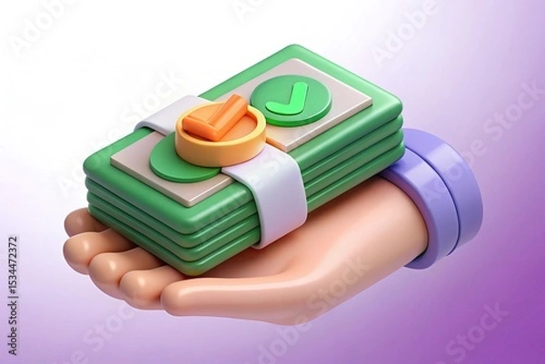Fototapeta Stylized Hand Holding Stack of Money with Check Marks and Ribbon Design