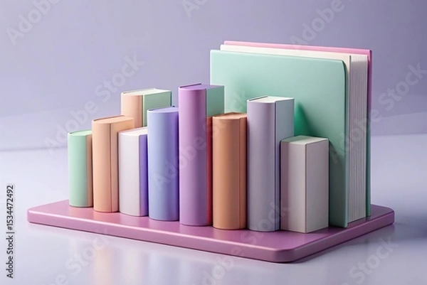 Fototapeta Stacked Pastel Books Array on Pink Shelf Against Lilac Background Display, Book Stack