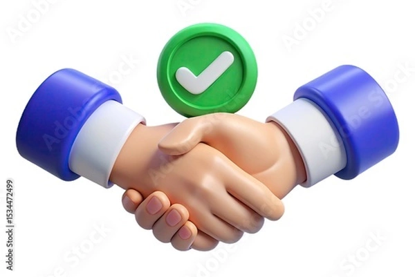 Fototapeta Two Cartoon Hands Shaking with White Check Mark on Green Circle Shape