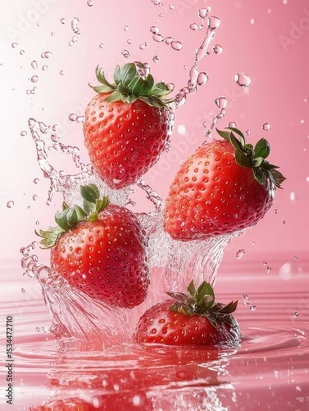 Obraz Fresh strawberries splashing in water with pink background showcasing vibrant color and juicy texture of the fruit.