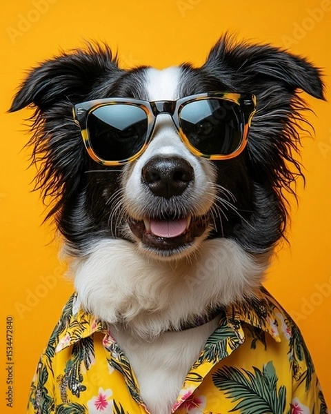 Obraz Summer vacation concept with dog on studio background