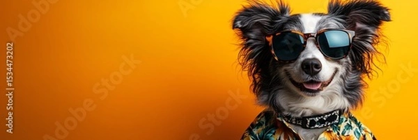 Obraz Dog in sunglasses on yellow background with copy space