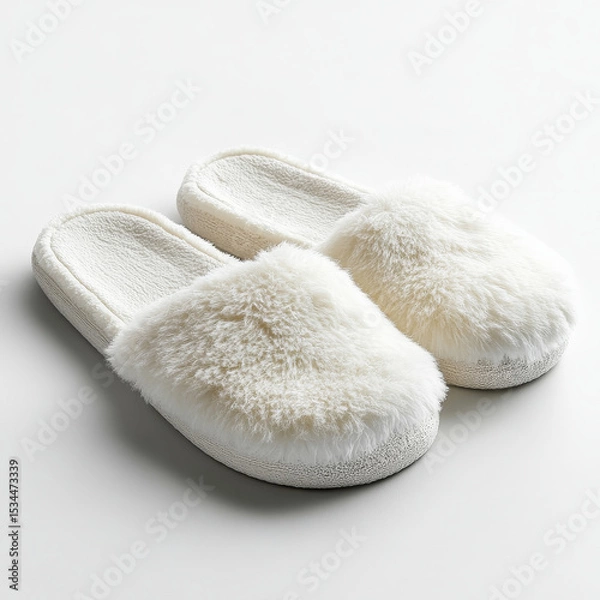 Fototapeta A pair of soft, white, fluffy slippers designed for indoor comfort and warmth, placed side by side on a plain white background.