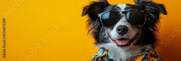 Obraz Dog in sunglasses on yellow background with copy space