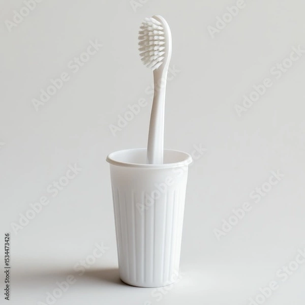 Obraz A white toothbrush stands upright inside a white ridged cup on a plain, light background.