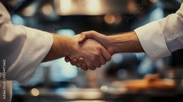 Fototapeta Two chefs shaking hands in an industrial restaurant kitchen, with cooking equipment and decor visible in the background. Professional, high-resolution, natural light, sharp focus.