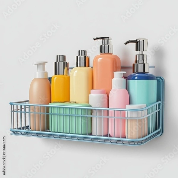 Obraz A variety of colorful soap and lotion bottles organized neatly in a blue wall-mounted metal basket.
