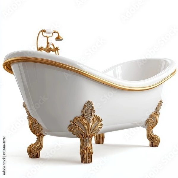 Obraz A luxurious white clawfoot bathtub with ornate golden feet and trim, featuring a vintage-style faucet and hand shower.