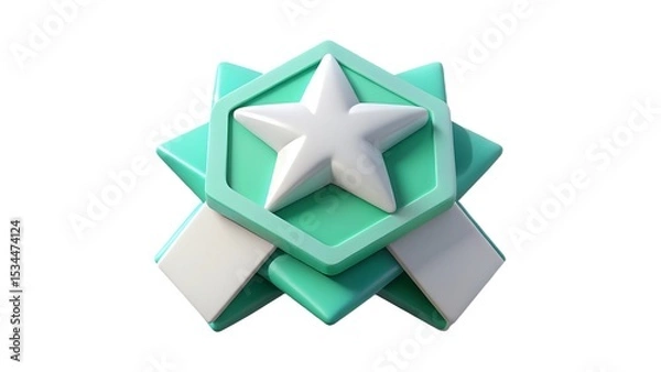 Fototapeta 3d rendered badge illustration featuring white star and geometric shapes on isolated background