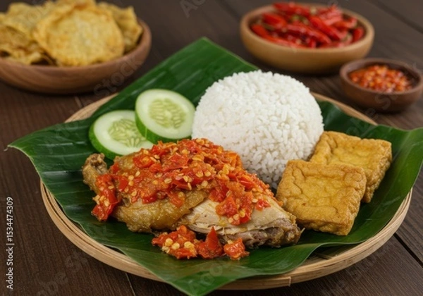 Fototapeta Spicy Ayam Geprek with Sambal on Banana Leaf Plate