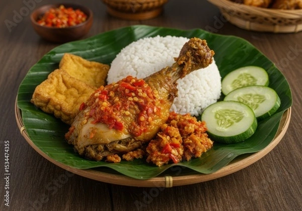 Fototapeta Spicy Ayam Geprek with Sambal on Banana Leaf Plate
