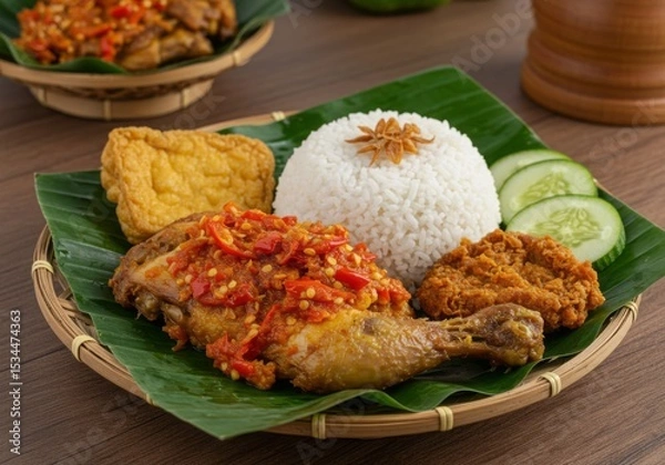 Fototapeta Spicy Ayam Geprek with Sambal on Banana Leaf Plate