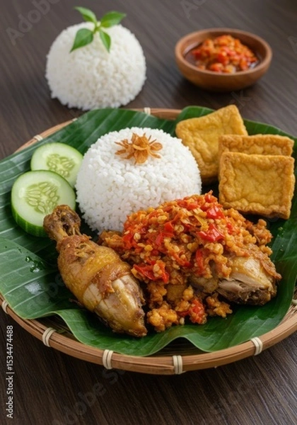 Fototapeta Spicy Ayam Geprek with Sambal on Banana Leaf Plate