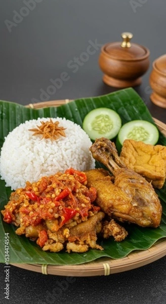 Fototapeta Spicy Ayam Geprek with Sambal on Banana Leaf Plate