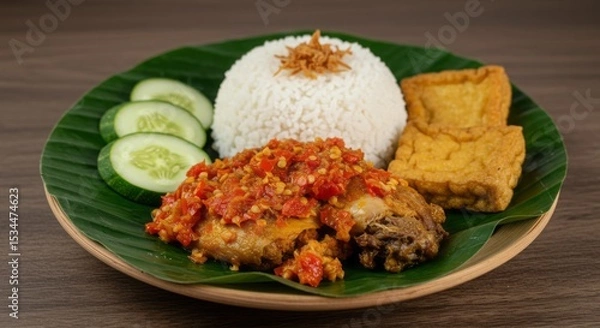 Fototapeta Spicy Ayam Geprek with Sambal on Banana Leaf Plate