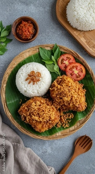 Fototapeta Crispy Ayam Kremes with Rice and Sambal Presentation