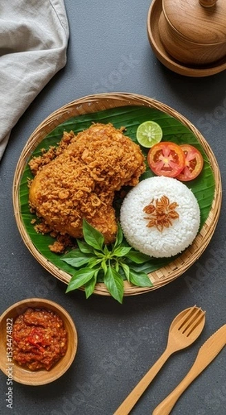 Fototapeta Crispy Ayam Kremes with Rice and Sambal Presentation