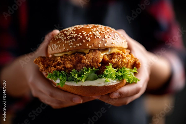Obraz Juicy fried chicken burger held by hands in a cozy setting