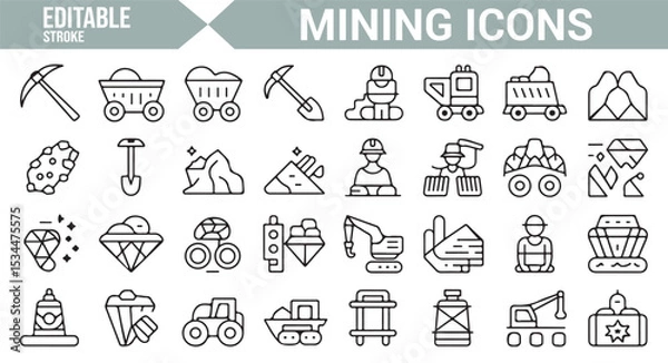 Fototapeta Simple vector icons depicting mining tools, equipment, and excavation machinery for mining and construction projects.